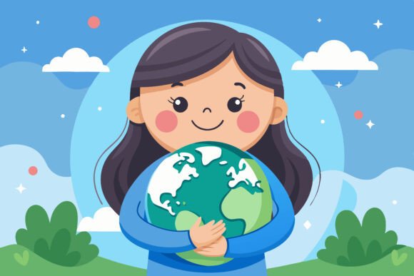 Evaluating the Beautiful Girl Hugging Earth Globe Illustration Set