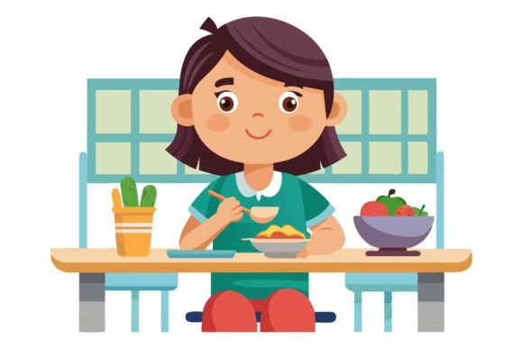 Happy Cute Kid Girl Eat Healthy Food: A Delightful Illustration Set